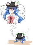  blue_hair food fruit hanasaki_mahiru hat hinanawi_tenshi musical_note o_o peach red_eyes touhou translated 