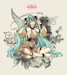 anklet aqua_eyes aqua_hair arms_up bad_anatomy barefoot breasts cleavage detached_sleeves hatsune_miku highres indian_style jewelry kanamori long_hair medium_breasts open_mouth sideboob sitting solo twintails very_long_hair vocaloid wings 