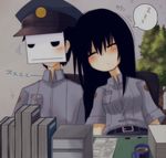  1girl black_hair blush konohana_saku long_hair mask police police_uniform policewoman shinmai_fukei_kiruko-san sleeping uniform 