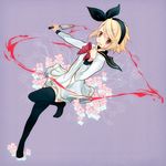  bad_id bad_pixiv_id blonde_hair blood bow dress flower grey_eyes hair_bow hair_ornament hairclip hama_(sleeps) kagamine_rin knife kyoufu_garden_(vocaloid) short_hair solo thighhighs vocaloid 