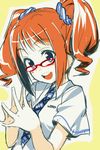  andou_shuuki bespectacled blue_eyes glasses hair_ornament hair_scrunchie idolmaster idolmaster_(classic) long_hair necktie open_mouth orange_hair rough_time_school school_uniform scrunchie smile solo steepled_fingers takatsuki_yayoi twintails upper_body 