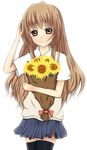  aisaka_taiga bad_id bad_pixiv_id bouquet brown_hair flower highres long_hair niu red_eyes school_uniform solo sunflower thighhighs toradora! 