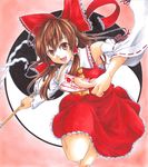  amanosora bow brown_eyes brown_hair detached_sleeves gohei hair_bow hakurei_reimu ofuda sarashi shikishi solo touhou yin_yang 