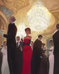  1girl absurdres alcohol ballroom black_gloves carmen_sandiego carmen_sandiego_(series) champagne cup dress earrings feason gloves highres holding holding_cup jewelry off-shoulder_dress off_shoulder people red_dress 