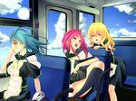  amasora_taichi blonde_hair blue_eyes blue_hair breasts bus bus_interior cloud day green_eyes ground_vehicle highres large_breasts motor_vehicle multiple_girls ocean original red_eyes red_hair socks 