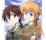  agahari alternate_hairstyle charlotte_e_yeager gertrud_barkhorn hand_on_shoulder multiple_girls one_eye_closed ponytail smile strike_witches thumbs_up uniform world_witches_series 