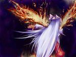 back fiery_wings fire fujiwara_no_mokou hair_ribbon long_hair long_sleeves outstretched_hand ribbon silver_hair solo toshi88 touhou wings 