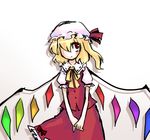  blonde_hair bow_(pixiv) buttons flandre_scarlet frilled_shirt_collar frilled_skirt frills hair_over_one_eye hands_together hat mob_cap neck_ribbon no_nose one_side_up red_eyes red_skirt red_vest ribbon shadow short_hair short_sleeves simple_background skirt solo touhou vest white_hat wings yellow_ribbon 