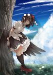  1girl arms_behind_back bird_wings black_ribbon black_socks black_wings blue_sky brown_hair cloud collared_shirt commentary_request dandelion dandelion_clock day flower frilled_skirt frills geta hat highres holding holding_notebook holding_pencil kagami_toufu kneehighs looking_at_flowers looking_down neck_ribbon notebook open_mouth outdoors pencil pointy_ears pom_pom_(clothes) puffy_short_sleeves puffy_sleeves red_hat red_shoes ribbon ribbon-trimmed_skirt ribbon-trimmed_socks ribbon_trim shameimaru_aya shirt shoes short_sleeves skirt sky smile socks solo tengu-geta tokin_hat touhou tree white_shirt wings yellow_flower 