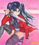  archer archer_(cosplay) bad_id bad_pixiv_id black_hair blue_eyes boots cosplay fate/stay_night fate_(series) mayo_riyo solo sword thigh_boots thighhighs toosaka_rin two_side_up weapon 