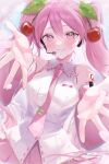  1girl absurdres blush breasts cherry_blossoms cherry_hair_ornament collarbone collared_shirt commentary_request detached_sleeves fingernails flower food-themed_hair_ornament hair_between_eyes hair_ornament happy_tears hatsune_miku headset highres light_blush long_hair long_sleeves looking_at_viewer momodani_emu nail_polish necktie open_mouth pink_hair pink_nails pink_necktie reaching reaching_towards_viewer sakura_miku shirt sleeveless sleeveless_shirt small_breasts smile solo spring_(season) tears twintails upper_body very_long_hair vocaloid white_shirt wide_sleeves 