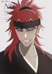  1boy abarai_renji black_kimono bleach brown_headband headband highres japanese_clothes kimono looking_at_viewer male_focus medium_hair red_hair smile solo sx1bmv teeth twitter_username upper_body watermark 