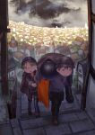  1girl 2boys backpack bag black_pants boots building cape carrying carrying_person child city cityscape commentary_request glasses green_eyes helmet highres jacket kuthi0510 made_in_abyss multiple_boys natt_(made_in_abyss) outdoors pants reg_(made_in_abyss) riko_(made_in_abyss) scenery short-sleeved_jacket short_sleeves stairs whistle whistle_around_neck 