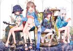  4girls :< a1u absurdres ahoge animal_ear_hairband animal_ears bare_legs barefoot bikini bird black_bikini black_bow black_hair blue_archive blue_eyes blue_halo blue_hat blue_hoodie blue_jacket blue_nails blue_shirt blue_skirt blush bolt_action bottomless bow braid breasts brown_eyes brown_hair bucket_hat chair closed_mouth commentary cropped_hoodie cropped_jacket dirty dirty_clothes earrings fake_animal_ears feet full_body green_halo green_neckerchief gun hairband half_up_braid halo hat headgear highres holding holding_paper hood hood_down hoodie jacket jewelry knee_pads lahti-saloranta_m/26 large_breasts leaf leaf_on_head light_machine_gun long_hair long_sleeves looking_at_viewer machine_gun medium_breasts miniskirt miyako_(blue_archive) miyako_(young)_(blue_archive) miyu_(blue_archive) moe_(blue_archive) moe_(swimsuit)_(blue_archive) mosin-nagant multiple_girls nail_polish navel neckerchief official_alternate_costume on_chair one_side_up open_mouth orange_nails pantyhose paper pleated_skirt purple_eyes purple_hair purple_nails rabbit_ear_hairband rabbit_ears rabbit_platoon_(blue_archive) raglan_sleeves red_eyes rifle sailor_collar sailor_shirt saki_(blue_archive) saki_(swimsuit)_(blue_archive) sandals school_uniform shirt shoes short_hair side-tie_bikini_bottom single_bare_foot single_knee_pad sitting skirt sleeves_past_wrists slippers swimsuit toenail_polish toenails toes twintails underboob unworn_slippers weapon white_halo white_pantyhose white_sailor_collar yellow_halo 