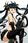  belt bikini_top black_eyes black_hair collar detached_sleeves earrings fingerless_gloves flat_chest gloves gun hair_ornament hairpin isse jewelry long_hair miniskirt one_eye_closed original rifle skirt smile solo thighhighs twintails very_long_hair weapon 