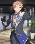 1boy asymmetrical_clothes beads black_gloves blue_flower blurry blurry_background ceiling_light checkered_floor clenched_teeth cowboy_shot door ensemble_stars! flower frilled_sleeves frills game_cg gloves hands_up holding indoors itsuki_shu jewelry long_sleeves male_focus official_art pink_hair plant potted_plant purple_eyes ring short_bangs short_hair smile solo teeth third-party_source witchcraft_(ensemble_stars!) 