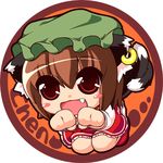  animal_ears brown_hair cat_ears cat_tail chen earrings fang hat jewelry kneeling lowres neko_usagi paw_pose red_eyes short_hair solo squatting tail touhou 