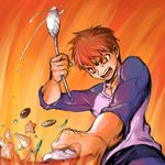  bad_id bad_pixiv_id burning_eyes colorized cooking emiya_shirou epic fate/stay_night fate_(series) fire flipping_food food funnyari hands male_focus manly raglan_sleeves sketch solo 