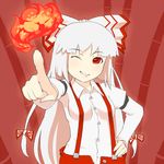  bangs bow breasts buckle buttons fire flame fujiwara_no_mokou hair_bow long_hair long_sleeves looking_at_viewer pointing pointing_at_viewer small_breasts solo suspenders torque touhou very_long_hair 