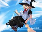  apron black_dress blonde_hair blush broom broom_riding dress frills full_body green_eyes hat kirisame_marisa looking_at_viewer mary_janes puffy_short_sleeves puffy_sleeves red_ribbon ribbon shin_(new) shoes short_sleeves sidesaddle solo touhou waist_apron witch_hat 