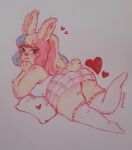 2024 3_fingers anthro arm_support bangs big_butt blonde_hair blue_eyes blush blush_lines bottomwear bunny_(suzeart) butt clothing colored colored_line_art colored_pencil_(artwork) ear_tuft english_description eyebrow_through_hair eyebrows eyelashes female female_anthro fingers fur hair handpaw hearts_around_body hi_res lagomorph leaning_on_elbow leporid long_ears long_hair looking_at_viewer looking_back looking_back_at_viewer lying mammal mouth_closed multicolored_hair on_front on_pillow orange_inner_ear pattern_bottomwear pattern_clothing pattern_skirt paws pillow pink_bottomwear pink_clothing pink_hair pink_skirt plaid plaid_bottomwear plaid_clothing plaid_skirt rabbit raised_foot red_eyelashes red_line_art red_nose scut_tail shaded shirt short_tail simple_background skirt solo suzeart tail tank_top thick_thighs topwear traditional_media_(artwork) translucent translucent_hair tuft white_background white_clothing white_knee_socks white_pillow white_shirt white_tank_top white_topwear yellow_body yellow_fur yellow_tail