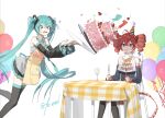  2girls aqua_eyes bare_shoulders birthday_cake black_boots boots cake closed_mouth commentary detached_sleeves drill_hair food fork hair_between_eyes happy_birthday hatsune_miku highres holding holding_fork holding_knife kasane_teto kasane_teto_(utau) kieed knife long_hair long_sleeves medium_hair multiple_girls open_mouth parted_lips red_eyes red_hair simple_background sitting skirt thigh_boots tripping twin_drills twintails untranslatable_commentary utau very_long_hair vocaloid white_background 