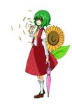  ascot bad_id bad_pixiv_id closed_umbrella flower green_hair highres kazami_yuuka light_smile monmon parasol petals plaid plaid_skirt plaid_vest red_eyes short_hair simple_background skirt skirt_set solo sunflower touhou umbrella vest white_background 