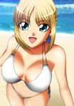  :d aqua_eyes artoria_pendragon_(all) beach bikini blonde_hair breasts cleavage day fate/stay_night fate_(series) lowres medium_breasts ocean open_mouth saber side-tie_bikini smile solo swimsuit thighs white_bikini yadokari_genpachirou 