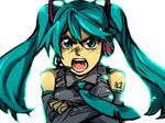  angry bad_id bad_pixiv_id blue_hair crossed_arms detached_sleeves face hatsune_miku long_hair necktie parody saitou_yahu solo top_wo_nerae! twintails vocaloid 