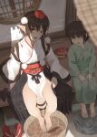  1boy 1girl age_difference barefoot breasts brown_hair bucket commentary_request detached_sleeves earrings food fruit geta hat hauchiwa highres hoop_earrings japanese_clothes jewelry kagami_toufu kimono kourindou_tengu_costume looking_at_viewer medium_breasts official_alternate_costume open_mouth pelvic_curtain pointy_ears pom_pom_(clothes) red_eyes red_hat red_sash sandals sash shadow shameimaru_aya side_slit smile soaking_feet tengu-geta thighs toes tokin_hat touhou unworn_sandals water watermelon watermelon_slice white_kimono wooden_bucket 
