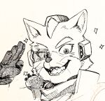  1boy animal_ears commentary_request conabemin fangs fox_boy fox_ears fox_mccloud furry furry_male looking_at_viewer male_focus open_mouth salute scouter smile sparkle star_fox upper_body whiskers 