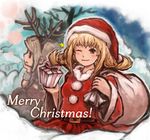  1girl ;d antlers blonde_hair blush box brown_eyes christmas final_fantasy final_fantasy_xii gift gift_box hat holding looking_at_viewer one_eye_closed open_mouth over_shoulder parted_lips penelo piranosuke pom_pom_(clothes) reindeer_antlers sack santa_costume santa_hat smile tareme upper_body vaan 