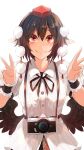  1girl black_ribbon black_wings brown_hair camera camera_around_neck closed_mouth collared_shirt commentary_request double_v hat highres kagami_toufu looking_at_viewer neck_ribbon pointy_ears pom_pom_(clothes) red_hat ribbon shameimaru_aya shirt simple_background smile solo tokin_hat touhou v white_shirt wings wrist_cuffs 