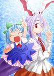  ^_^ animal_ears blue_dress blue_hair bow bunny_ears cirno closed_eyes dress dress_shirt fang hair_bow highres kiriu long_hair long_sleeves multiple_girls necktie pointing pointing_up puffy_short_sleeves puffy_sleeves purple_hair red_eyes red_neckwear reisen_udongein_inaba shirt short_hair short_sleeves smile touhou 