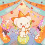  :3 :d ace_(playing_card) ace_of_hearts animal animal_focus bear bird black_hat blush brown_eyes card cheese chess_piece circus commentary_request crown food four_of_clubs hat heart no_humans open_mouth orange_hat original playing_card ponpul smile solo standing streamers tile_floor tiles top_hat twitter_username unworn_crown unworn_headwear 