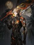  1boy absurdres blonde_hair chinese_commentary chromatic_aberration commentary_request greatsword highres holding holding_sword holding_weapon horns kamui:_aeternion_(pgr) kamui:_bastion_(pgr) kamui:_tenebrion_(pgr) kamui_(pgr) looking_to_the_side male_focus mechabare mechanical_arms multiple_views over_shoulder parted_lips punishing:_gray_raven secretfj520 single_horn sword sword_over_shoulder weapon weapon_over_shoulder yellow_eyes 