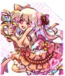  1girl ;d blonde_hair bloomers chaos_marie_(grimms_notes) clonoquen gem grimms_notes hair_ribbon holding holding_wand long_hair looking_at_viewer noble_heart_(grimms_notes) one_eye_closed open_mouth outstretched_arm pink_eyes pink_ribbon puffy_short_sleeves puffy_sleeves ribbon short_sleeves smile solo striped_ribbon wand white_bloomers wings 