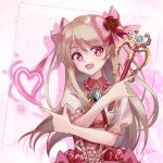  1girl chaos_marie_(grimms_notes) cleavage_cutout clothing_cutout commentary_request corset diamond_necklace flower frilled_corset frills grimms_notes heart heart-shaped_pupils highres holding holding_wand jewelry kjitocat long_sidelocks looking_at_viewer necklace noble_heart_(grimms_notes) open_mouth pink_eyes red_corset red_flower red_rose ribbon rose sidelocks smile solo striped_ribbon symbol-shaped_pupils upper_body wand 
