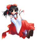  black_hair blush breasts brown_eyes dress hakurei_reimu long_sleeves looking_at_viewer looking_back red_dress ribbon-trimmed_sleeves ribbon_trim shin_(new) simple_background small_breasts solo touhou white_background wrist_cuffs 