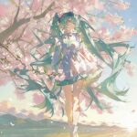  ai-generated cherry_blossoms cherry_tree commentary frills green_eyes green_hair hatsune_miku kasashowz mountain ribbon sunlight tree twintails untranslatable_commentary vocaloid 