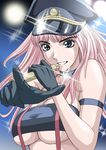  blue_eyes breasts cleavage gloves hat kiso_fumihiro large_breasts long_hair macross macross_frontier microphone music peaked_cap pink_hair sheryl_nome singing solo suspenders underboob 