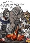  3boys bird_boy chicken_(food) chicken_leg cloak commentary_request cooking elden_ring elden_ring_nightreign food grilling guardian_(elden_ring) hair_over_one_eye highres meat monocle multiple_boys raider_(elden_ring) scholar_(elden_ring) seki_(ksooo18) smile speech_bubble tongs upper_body white_background white_cloak 