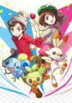  1boy 1girl :d beanie black_eyes blue_eyes bright_pupils brown_hair clenched_hand closed_mouth collared_shirt commentary_request dress eyelashes gloria_(pokemon) green_hat grey_hat grey_jacket grookey hand_on_headwear hat highres hood hood_down hooded_jacket jacket long_sleeves medium_hair nostrils open_mouth outline peron_(niki2ki884) pink_dress poke_ball poke_ball_(basic) pokemon pokemon_(creature) pokemon_swsh red_shirt scorbunny shirt short_hair smile sobble starter_pokemon_trio tam_o'_shanter victor_(pokemon) white_pupils 