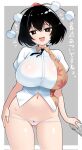  1girl alternate_breast_size_(larger) ayaya~ black_eyes black_hair black_ribbon border breasts bright_pupils collared_shirt commentary_request corrupted_twitter_file cowboy_shot grey_background groin harunoha hat highres holding holding_newspaper large_breasts leaf_print looking_at_viewer micro_panties navel neck_ribbon newspaper no_pants open_mouth outside_border panties partially_translated pink_panties puffy_short_sleeves puffy_sleeves ribbon shameimaru_aya shirt short_hair short_sleeves smug solo standing tokin_hat touhou translation_request underwear white_border white_panties white_pupils white_shirt 