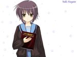  book brown_eyes cardigan kita_high_school_uniform nagato_yuki non-web_source school_uniform serafuku short_hair silver_hair solo suzumiya_haruhi_no_yuuutsu wallpaper 