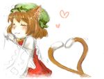  animal_ears bad_id bad_pixiv_id brown_hair cat_ears cat_tail chen closed_eyes earrings hat heart heart_tail jewelry katsufuki multiple_tails short_hair solo tail touhou 