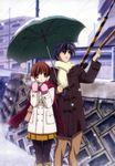  1girl absurdres antenna_hair blue_eyes blue_hair boots brown_eyes brown_hair clannad coat earmuffs furukawa_nagisa highres holding holding_umbrella husband_and_wife mittens non-web_source official_art okazaki_tomoya pantyhose scarf shared_umbrella snow umbrella winter_clothes winter_coat 