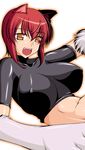  animal_ears babydoll_t-shirt breasts covered_nipples crop_top fang kaibutsu_oujo large_breasts midriff paws red_hair riza_wildman short_hair solo soushin_souma wolf_ears yellow_eyes 