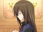  arietta_fine blush brown_hair closed_eyes long_hair ribbon shiro_(octet) solo symphonic_rain very_long_hair 