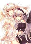  bad_id bad_pixiv_id black_wings blush bow dress dual_persona frills hairband light_persona lolita_fashion lolita_hairband long_hair looking_at_viewer mizunomoto multiple_girls open_mouth puffy_sleeves red_eyes rozen_maiden silver_hair smile suigintou wings 
